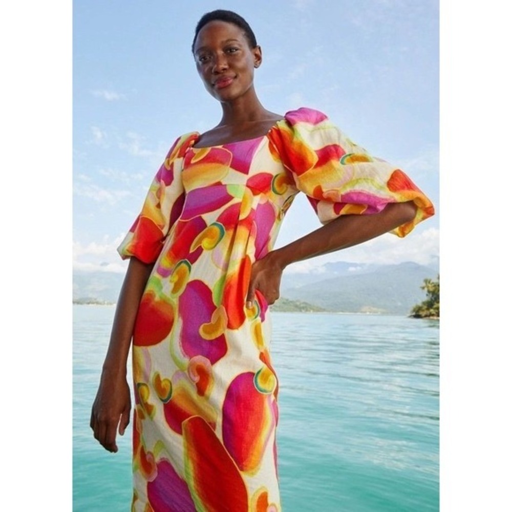 Farm Rio Abstract Fruit Print Linen Blend Puff Sleeve Midi Dress Large Cashew